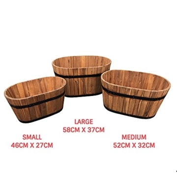 Click-Deck Products - Set aus 3 Hartholzwannen, oval, halbe Fässer aus Holz, Pflanzgefäße - 2