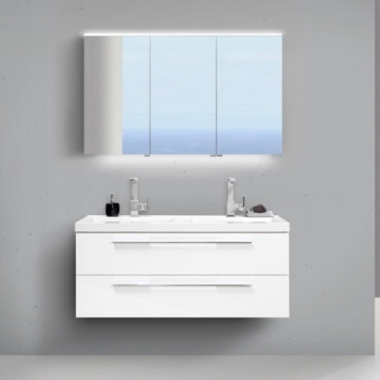 Design Badmöbel Set Weiss 120cm mit Doppelwaschtisch und LED Spiegelschrank Vorschaubild