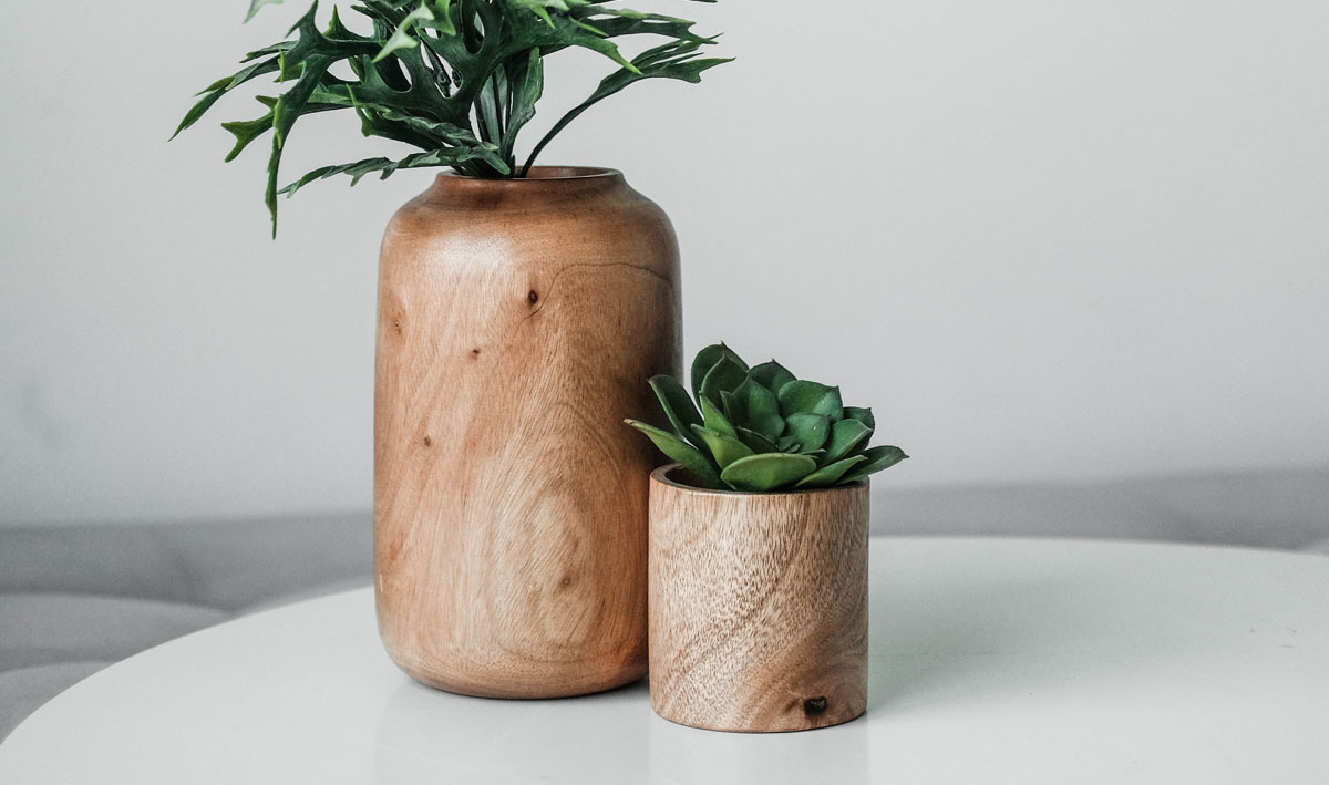 Vase und Blumentopf aus Holz