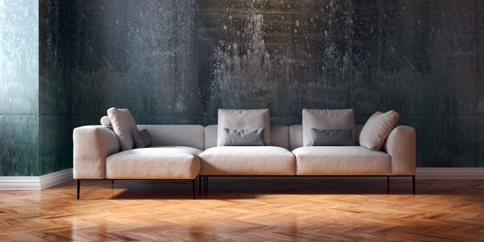 Moderne Wandgestaltung, helles Sofa, Holzboden, Parkett