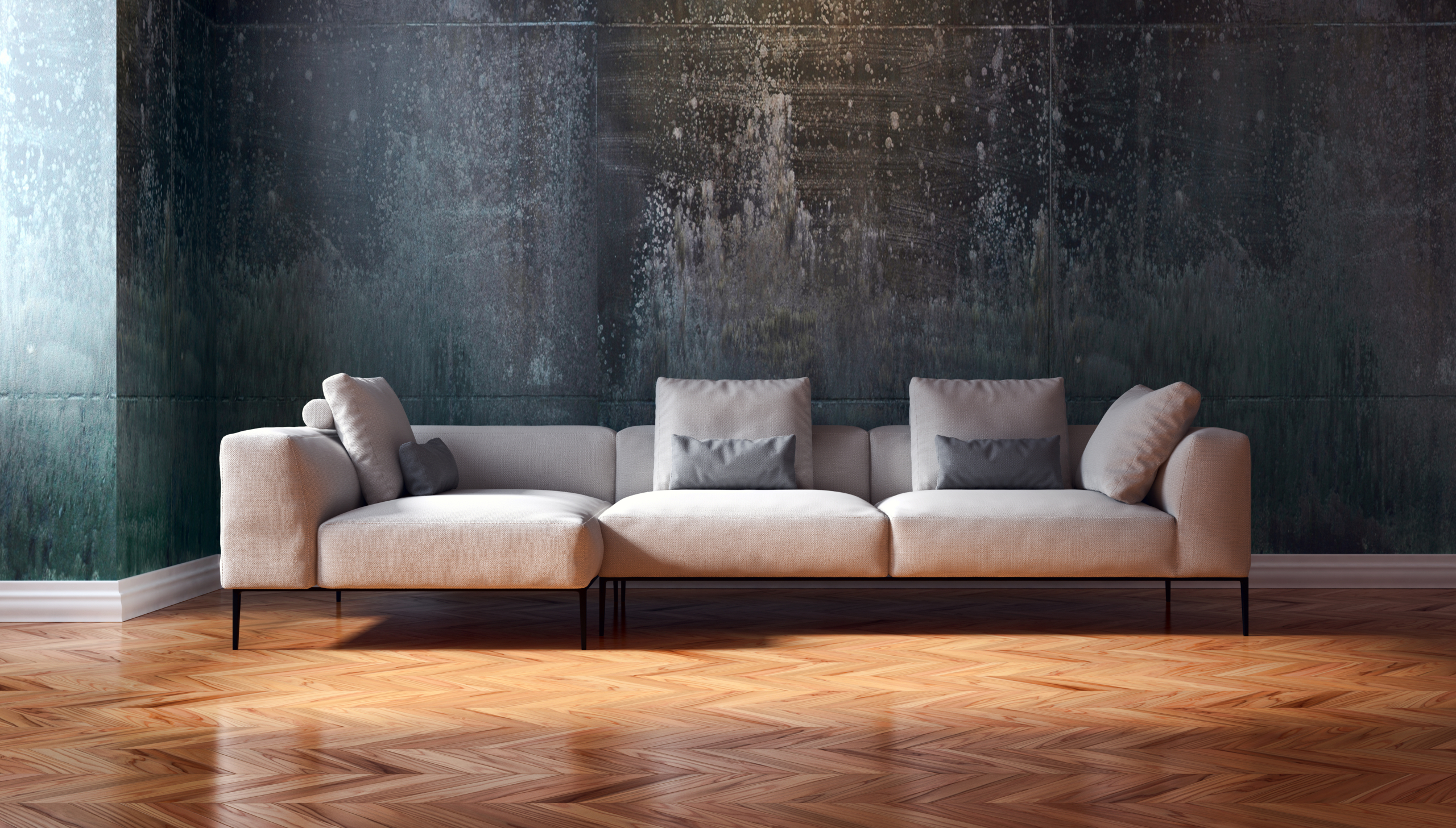 Moderne Wandgestaltung, helles Sofa, Holzboden, Parkett